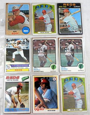 (18) PETE ROSE CARDS 60s & 70s. 1968 TOPPS GOOD, 1969 TOPPS VG - REST VGEX-EX in SHEETS