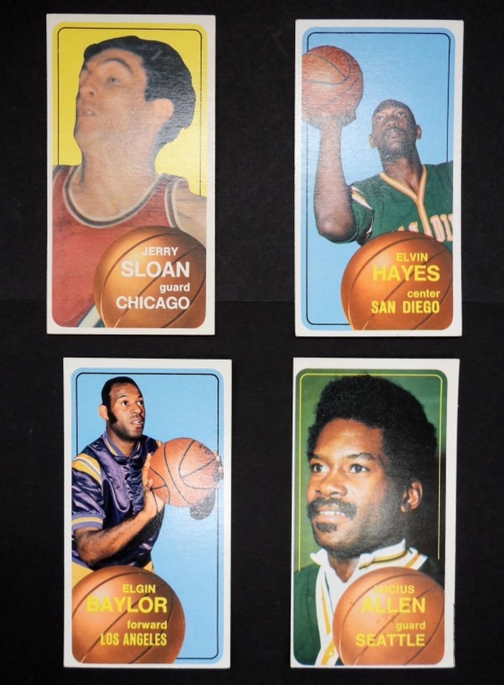 (4) TOPPS 70-71 BASKETBALL STAR CARDS. CONDITIONS EX- VGEX, JERRY SLOAN, ELGIN BAYLOR,ELVIN 