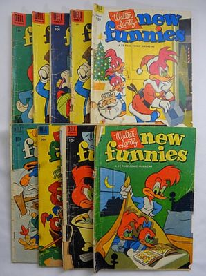 (9) DELL 10c NEW FUNNIES COMICS. WOODY WOODPECKER - LESSER CONDITION VINTAGE COMIC LOT