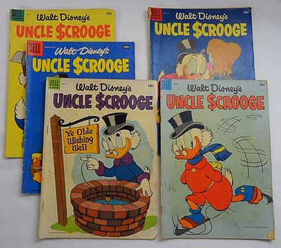 (5) DELL UNCLE SCROOGE 10c COMICS. LESSER CONDITION VINTAGE LOT
