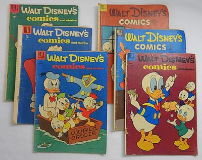 (6) DELL WALT DISNEY 10c COMICS. LESSER CONDITION VINTAGE LOT