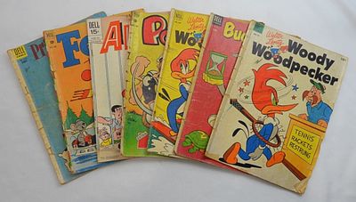 (7) DELL GOLDEN AGE COMICS - FELIX,. BUG BUNNY, WOODY, ALVIN - LESSER CONDITION VINTAGE LOT - 