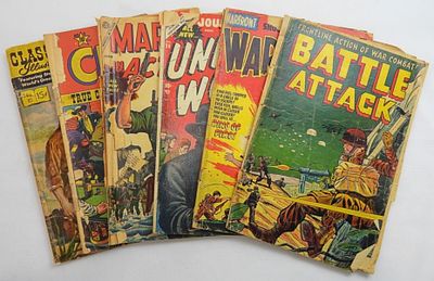 (6) GOLDEN AGE WAR / CRIME / WESTERN. LESSER CONDITION 10c VINTAGE COMIC LOT