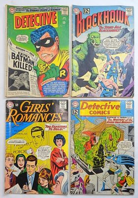 (4) DC COMICS 12c ISSUES - BLACKHAWK,. DETECTIVE COMICS, GIRLS' ROMANCES