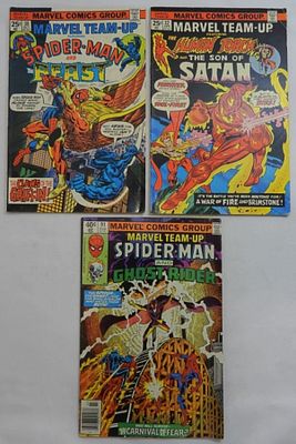 (3) MARVEL TEAM-UP COMIC LOT. #32 HUMAN TORCH AND SON OF SATAN, #38 SPIDER-MAN AND BEAST, #91 