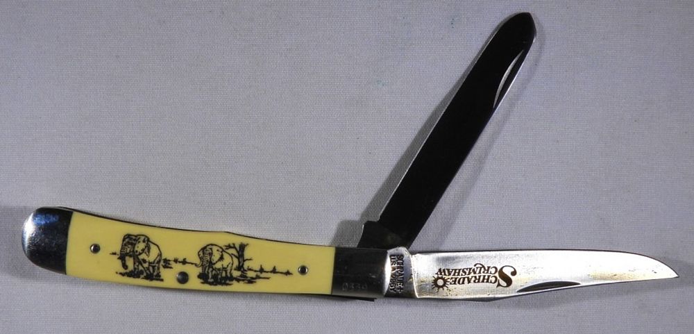 SCHRADE SCRIMSHAW POCKET KNIFE. 296SC "ELEPHANT SCENE" in BOX with PAPERS - LIKE NEW