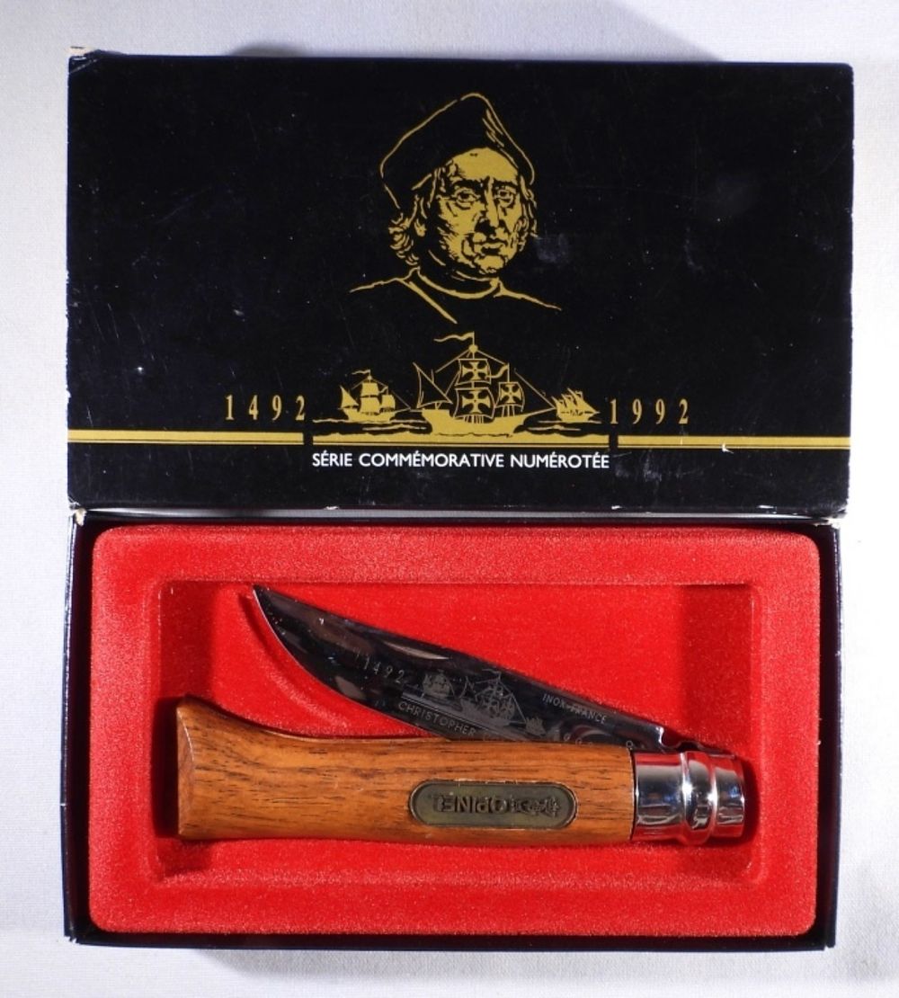 1992 CHRISTOPHER COLUMBUS INOX-FRANCE. OPINEL WOOD HANDLE COMMEMORATIVE FOLDING KNIFE - LIKE NEW 