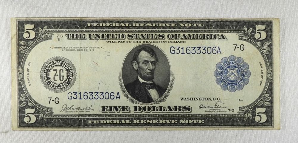 1914 $5 FEDERAL RESERVE NOTE. NICE LARGE SIZE NOTE
