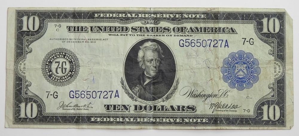 1914 $10 FEDERAL RESERVE NOTE. NICE LARGE SIZE NOTE