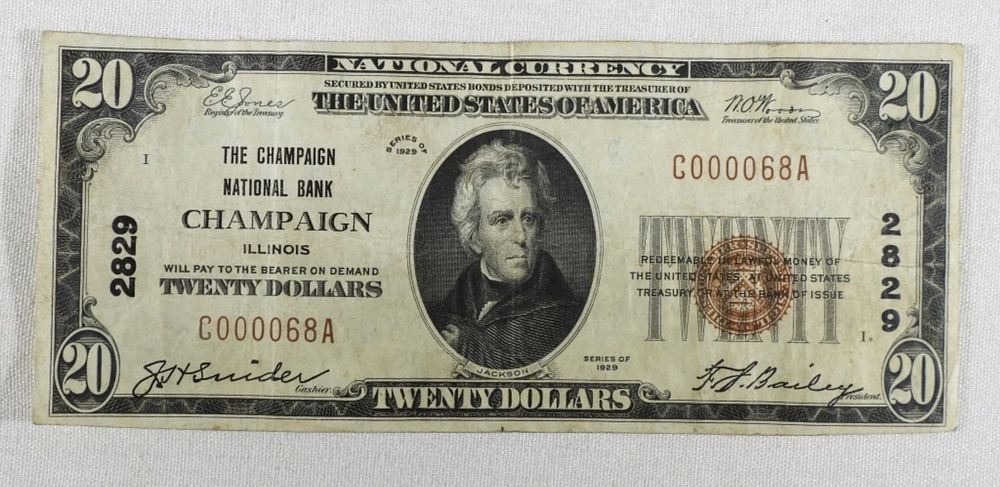 $20 NATIONAL CURRENCY CHAMPAIGN, IL. 1929 NATIONAL CURRENCY NOTE