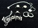 SIMULATED DIAMOND 925 RINGS, PIN & MORE. THREE STERLING RINGS, SIZES 6, 7, 8. MUSIC NOTE PIN, 2" Image - 1