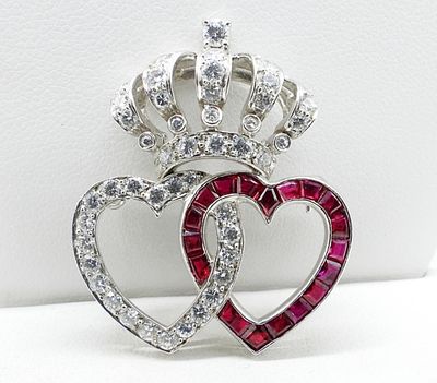 PLATINUM DIAMOND RUBY HEART CROWN PIN. PLATINUM, GENUINE & SYNTHETIC DIAMONDS. RUBIES ARE NOT 
