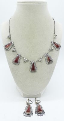 VTG 925 MOOKAITE JASPER MEXICO SET. VINTAGE STERLING MEXICO NECKLACE / EARRING SET. GEMSTONES 