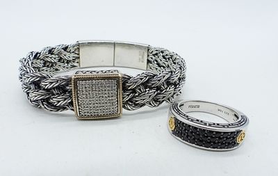 EFFY 925 18K WEAVE BRACELET & RING. EFFY, STERLING AND 18KG DIAMOND / SIMULATED BLACK DIAMOND 