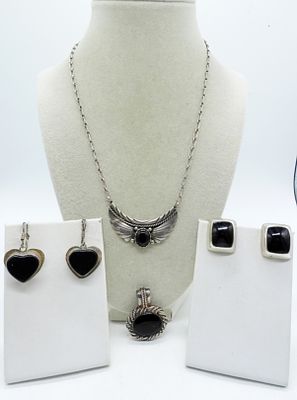 VTG 925 TAXCO EARRINGS & OTHER ONYX. TWO PAIR OF TAXCO BLACK ONYX EARRINGS, CLIP ON & PIERCED. 
