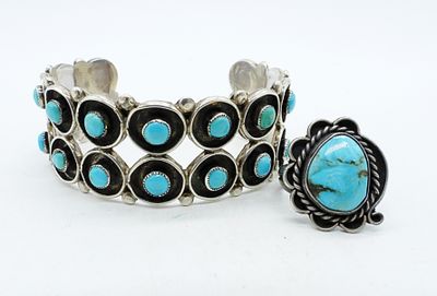VTG STERLING TURQUOISE BRACELET & RING. VINTAGE STERLING BRACELET AND RING, WITH TURQUOISE 