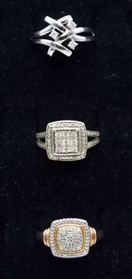 (3) STERLING DIAMOND RINGS. THREE STERLING DIAMOND RINGS, SIZES 5.5, 6, 7. (6.9 DWT)