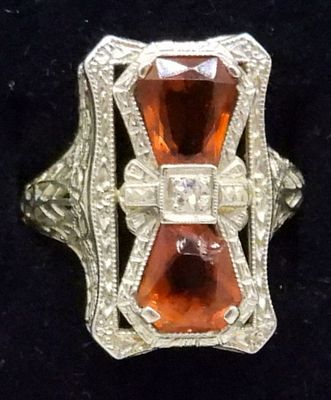 18KWG ANTIQUE TOPAZ FILIGREE RING. ANTIQUE 18K WHITE GOLD TOPAZ FILIGREE RING. ONE GEMSTONE HAS 