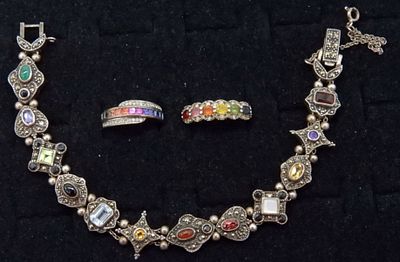 MULTI GEMSTONE 925 RINGS & BRACELET. TWO RINGS, WITH RAINBOW GEMSTONES, SIZES 5 & 8. MULTI 