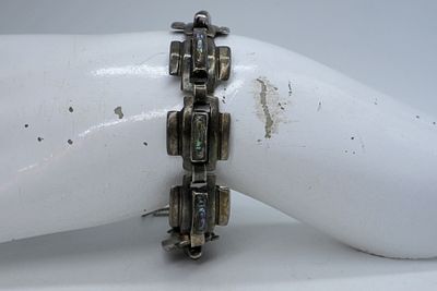 ABALONE STERLING TAXCO BRACELET. VINTAGE STERLING, ABALONE TAXCO BRACELET. "TAXCO 925 J. GOMEZ 
