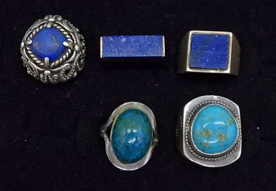 VTG 925 RINGS, TURQUOISE & LAPIS. FIVE STERLING RINGS WITH TURQUOISE & LAPIS LAZULI GEMSTONES. 