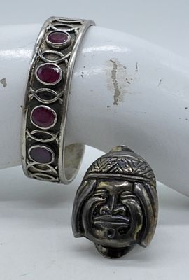 VTG STERLING RUBY BRACELET & VTG RING. VINTAGE STERLING CUFF BRACELET WITH NATURAL RUBY 