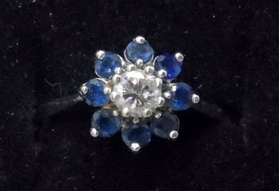 14KWG 1/2 CT DIAMOND & SAPPHIRE RING. 14K WHITE GOLD, 1/2 CARAT DIAMOND WITH SAPPHIRES 
