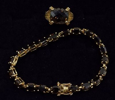 SMOKEY QUARTZ, STERLING RING SET. GOLD TONE, STERLING WITH SMOKEY QUARTZ GEMSTONES. BRACELET IS 