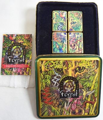 1995 ZIPPO MYSTERIES OF THE FOREST SET. IN ITS ORIGINAL TIN CASE, ALL UNFIRED, 1995