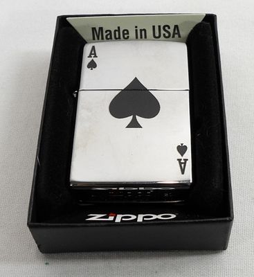 2000 SEALED ACE OF SPADES ZIPPO. ACE OF THE SPADE ON THE FRONT, IN A ZIPPO BOX