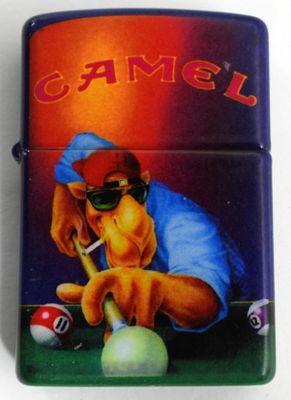 1993 FIRED CAMEL SMOKIN JOE'S ZIPPO. IN ITS ORIGINAL TINE CASE, FIRED, SMOKIN JOE'S POOL