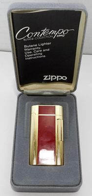 1980'S FIRED CONTEMPO BUTANE ZIPPO. CONTEMPO BUTANE COLLECTION, BURGUNDY, LOOKS TO HAVE BEEN FIRED