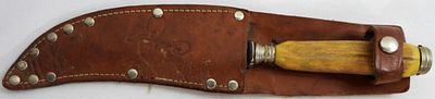 JIM BOWIE SOINGEN ROSTFREI. VG VINTAGE JIM BOWIE KNIFE WITH BUCK AND DOE IN THE BLADE WITH SHEATH