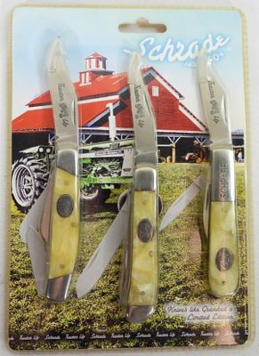 (3) SCHRADE POCKET KNIVES. NEW SCHRADE POCKET KNIVES "TRACTOR UP" SET OF (3) FOLDING GIFT SET