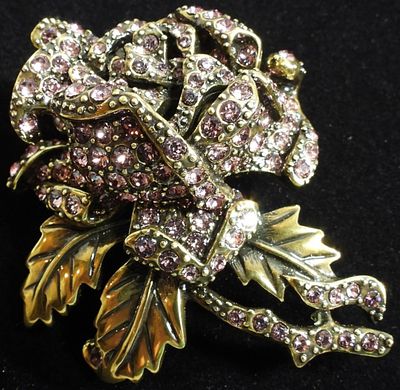 Rose Brooch. Gold/bronze tone with pink gems