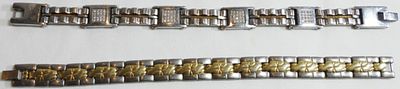 (2) Men's Bracelets. (1) silver and gold tone (2) silver tone untested diamonds
