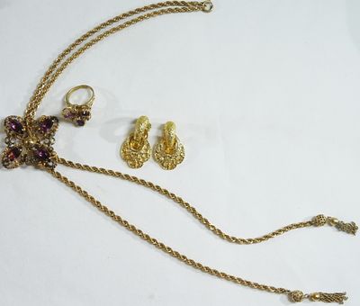 (1) Necklace (1) Ring (1) Pair Of Earrings. All Gold-tone Ring size 6 matches the necklace's 
