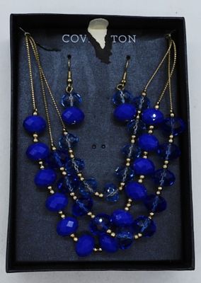 Vintage Covington Jewelry Set. Covington, blue beaded 20" 3 strand necklace with matching dangle 