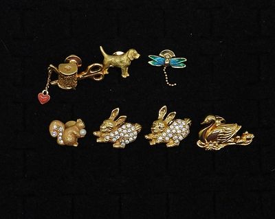 Vintage Avon Gold Tone Pin Lot. 7 cute pins, including two rhinestone rabbits, sewing thread 