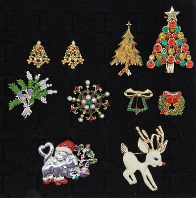 Christmas Pin Lot. 8 beautiful pins to wear while celebrating Christmas, and a bonus pair of 