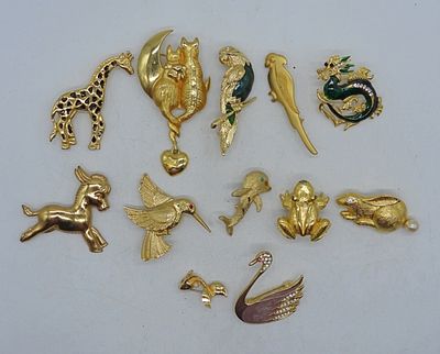 12 Gold Tone Animal Pins. gold tone pins, lots of animals, including parrots, rabbit, frog, and more