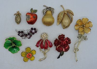 10 Fruit & Flowers Pins. 4 fruits all different, 6 flowers of different sizes and styles