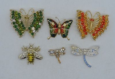 Insect Brooch Lot. 6 gold-tone insects, mostly butterflies