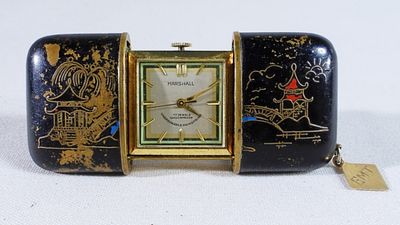 Marshall Enameled Pagoda Scene Purse Watch. Purse pocket watch with sliding case (case slides 