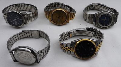 (5) Seiko Men's Day Date Watches. Watches are not verified, authenticated, or tested in running 