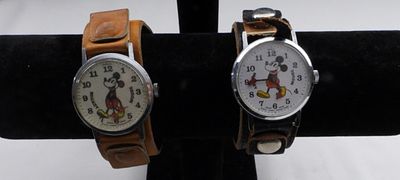 (2) Leather Band Mickey Mouse Watches. Watches are not verified, authenticated, or tested in 