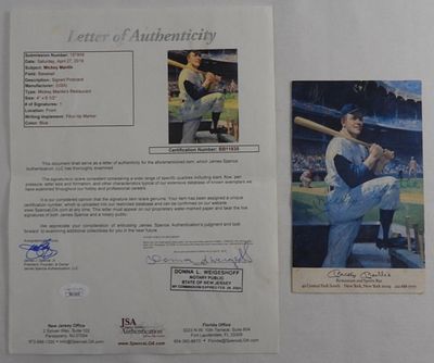 Mickey Mantle Signed Postcard COA. unused Mickey Mantle postcard, signed with a Letter of 
