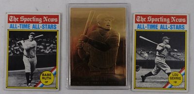 Two Babe Ruth Cards and One Lou Gehrig. Lou Gerwig has a bend in the top corner