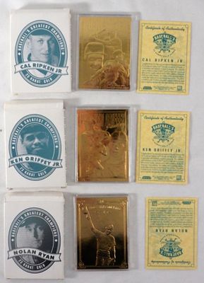 Three 23kt Gold Cards. Nolan Ryan 1996, Ken Griffey Jr. 1996, and Cal Ripken Jr. 1996. In the 