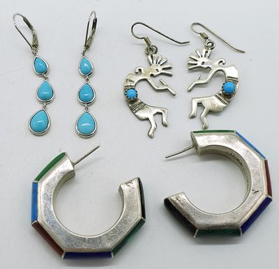 Kokopelli Turquoise 925 & More Earrings. Three pair of sterling earrings with turquoise 